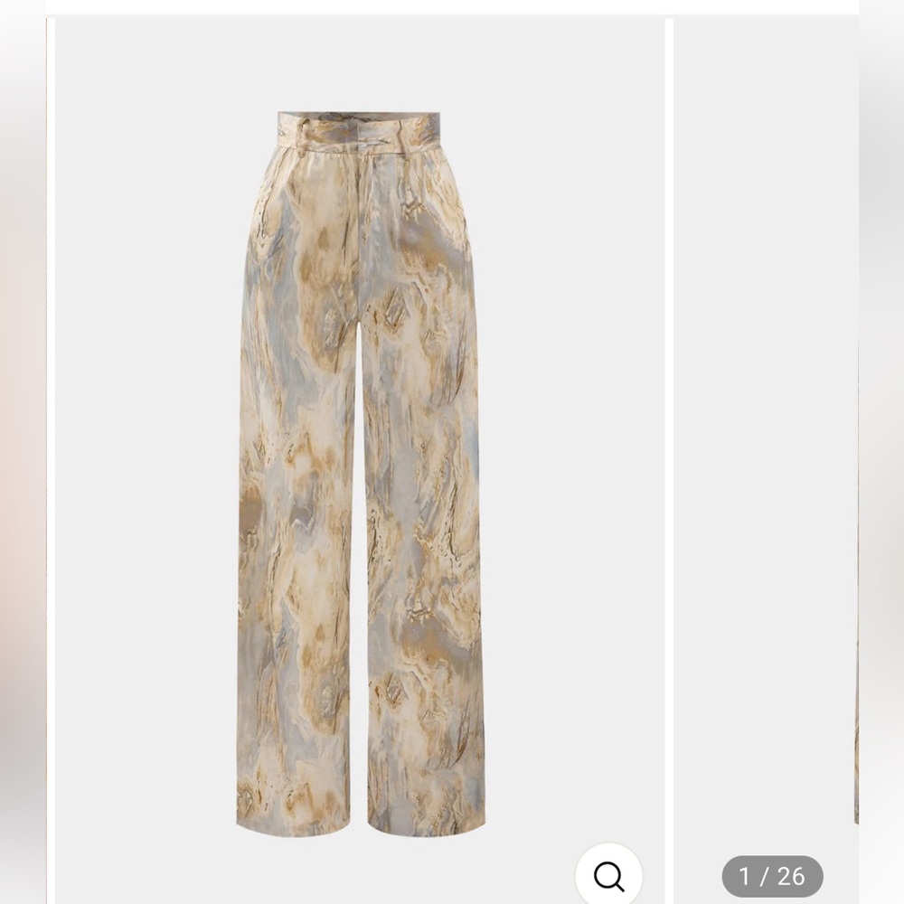 High-Rise Marble-Print Wide-Leg Trousers in Beige & Gray